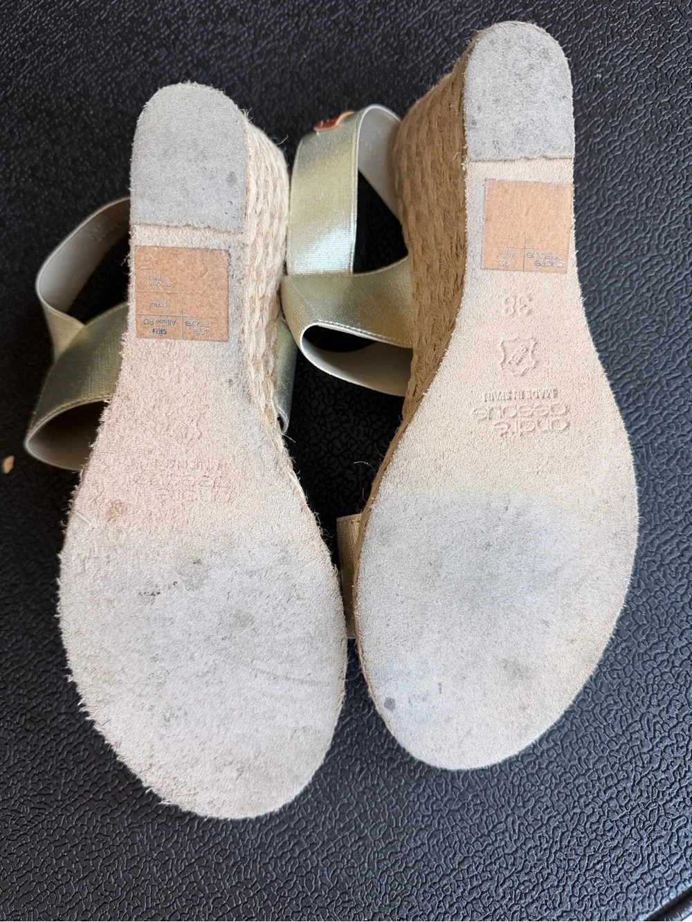 André Assous Metallic Gold Espadrille Wedge Sandals Size 38 Made in Spain